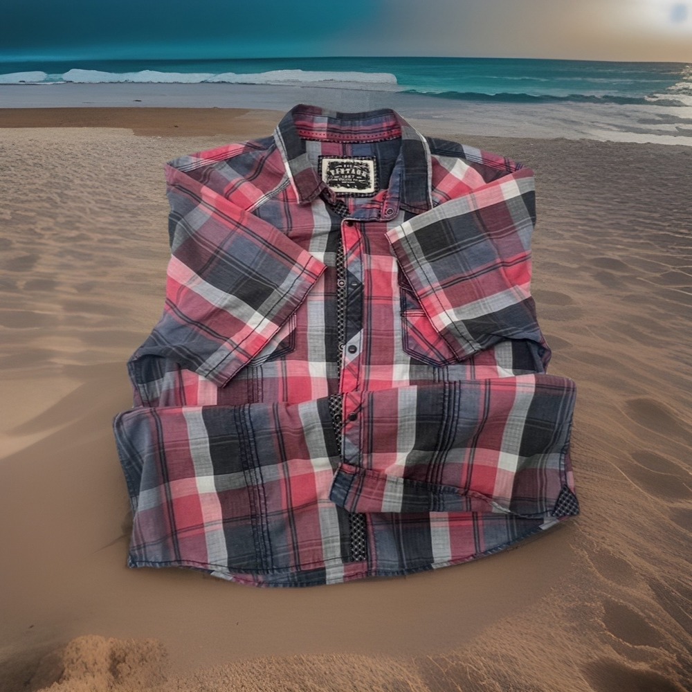 BKE Buckle Shirt Mens L Red Black Plaid Pearl Snap Lightweight Western Button Up